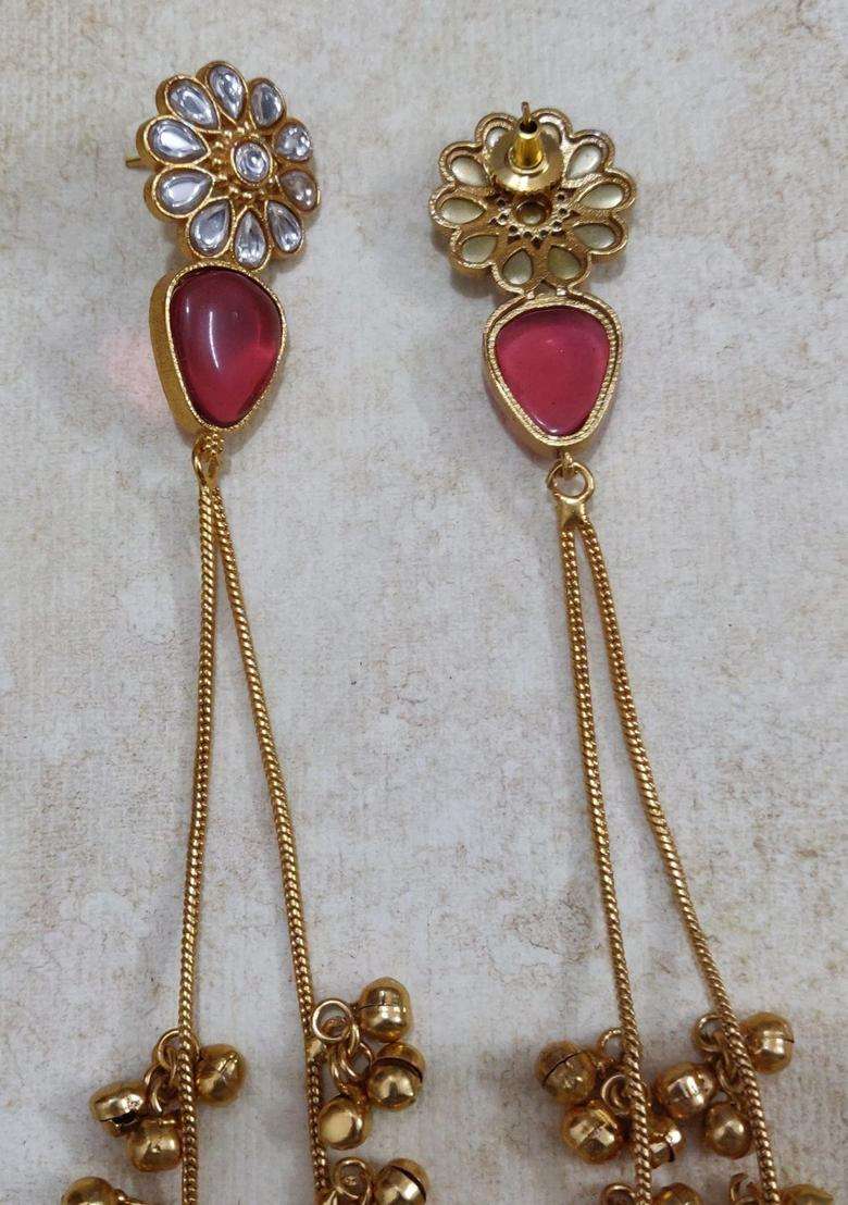 Gold-Plated Kundan Studded Traditional Kashmiri Floral Drop Earrings for Women | Traditional Ethnic Jewellery for Wedding & Festive Wear | Gift for Her - Indya