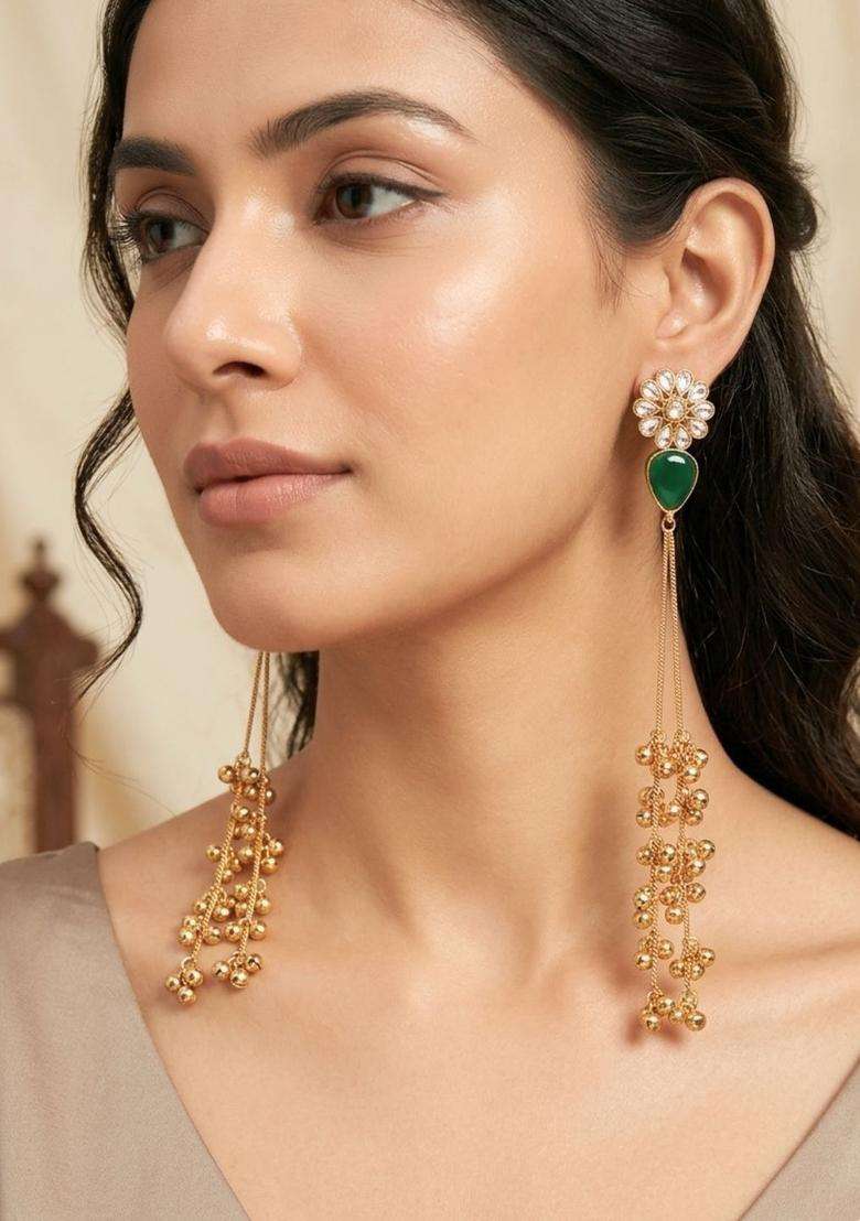 Gold-Plated Kundan Studded Traditional Kashmiri Floral Drop Earrings for Women | Traditional Ethnic Jewellery for Wedding & Festive Wear | Gift for Her - Indya