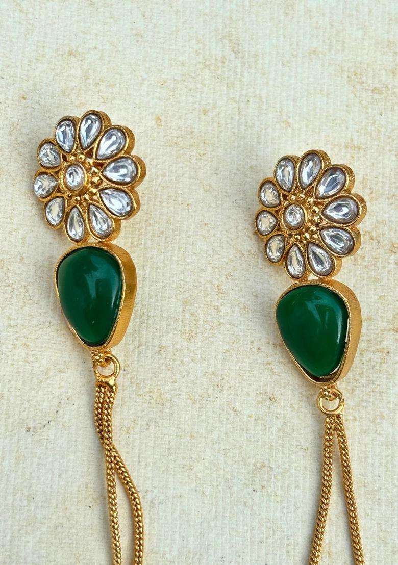 Gold-Plated Kundan Studded Traditional Kashmiri Floral Drop Earrings for Women | Traditional Ethnic Jewellery for Wedding & Festive Wear | Gift for Her - Indya