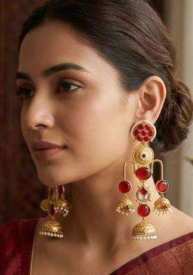 Gold-Plated Red Kundan Studded Dome Shaped Jhumka Earrings for Women | Traditional Ethnic Jewellery for Wedding & Festive Wear | Gift for Her