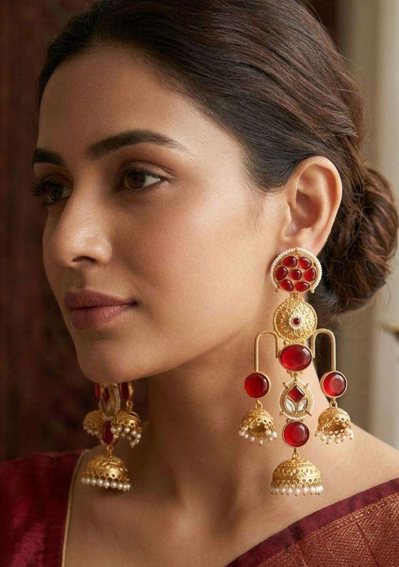 Gold-Plated Red Kundan Studded Dome Shaped Jhumka Earrings for Women | Traditional Ethnic Jewellery for Wedding & Festive Wear | Gift for Her - Indya