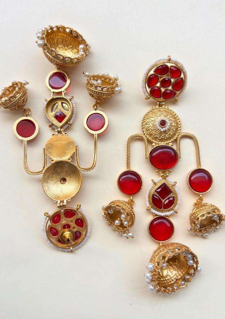 Gold-Plated Red Kundan Studded Dome Shaped Jhumka Earrings for Women | Traditional Ethnic Jewellery for Wedding & Festive Wear | Gift for Her - Indya