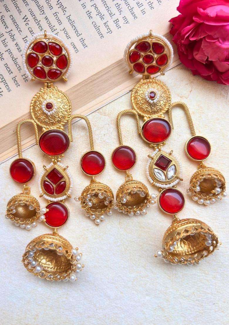 Gold-Plated Red Kundan Studded Dome Shaped Jhumka Earrings for Women | Traditional Ethnic Jewellery for Wedding & Festive Wear | Gift for Her - Indya