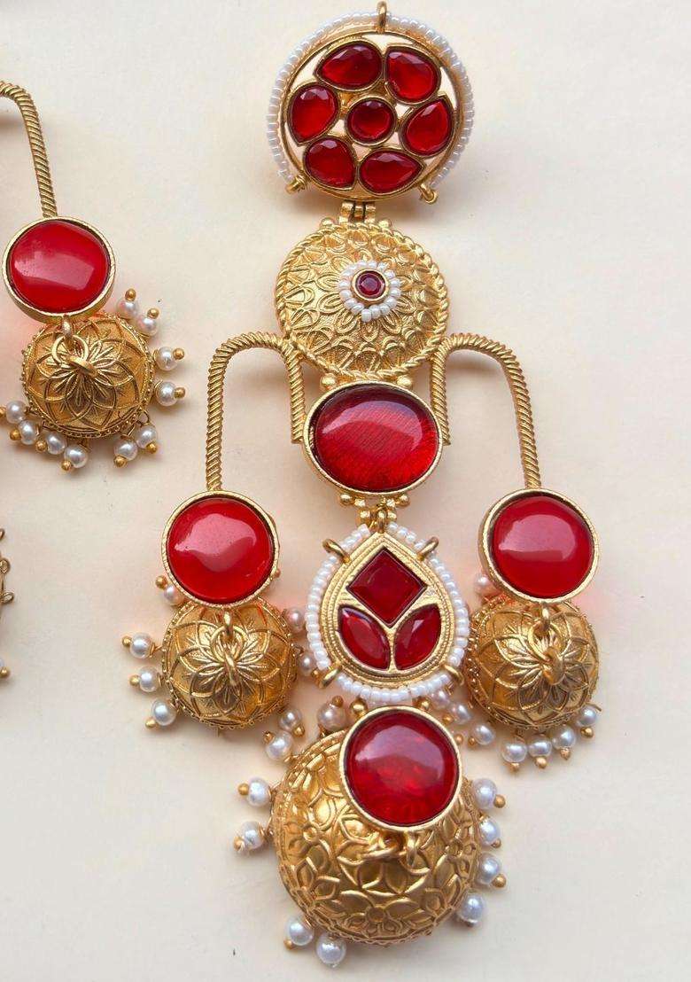 Gold-Plated Red Kundan Studded Dome Shaped Jhumka Earrings for Women | Traditional Ethnic Jewellery for Wedding & Festive Wear | Gift for Her - Indya