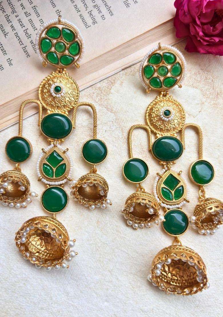 Gold-Plated Green Kundan Studded Dome Shaped Jhumka Earrings for Women | Traditional Ethnic Jewellery for Wedding & Festive Wear | Gift for Her - Indya