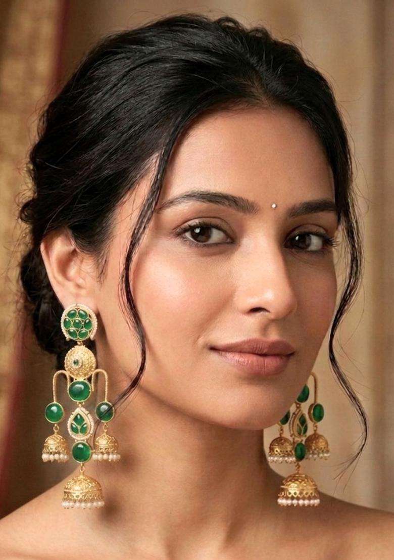 Gold-Plated Green Kundan Studded Dome Shaped Jhumka Earrings for Women | Traditional Ethnic Jewellery for Wedding & Festive Wear | Gift for Her - Indya