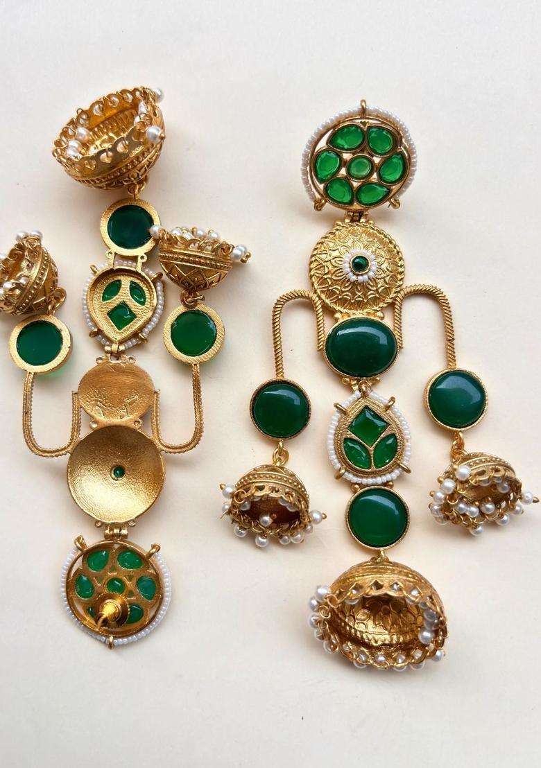 Gold-Plated Green Kundan Studded Dome Shaped Jhumka Earrings for Women | Traditional Ethnic Jewellery for Wedding & Festive Wear | Gift for Her - Indya