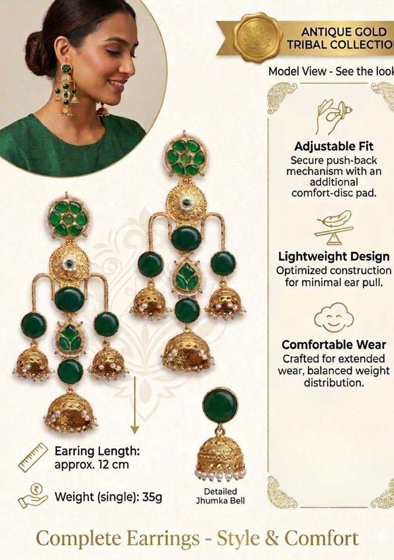 Gold-Plated Green Kundan Studded Dome Shaped Jhumka Earrings for Women | Traditional Ethnic Jewellery for Wedding & Festive Wear | Gift for Her - Indya