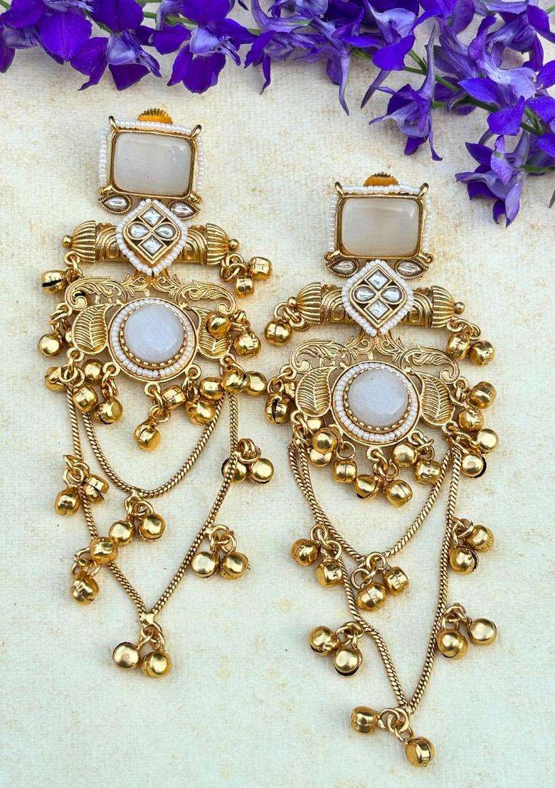 Gold-Plated Ghungaroo White Kundan Stone Studded Kashmiri Drop Earrings for Women | Traditional Ethnic Jewellery for Wedding & Festive Wear | Gift for Her - Indya