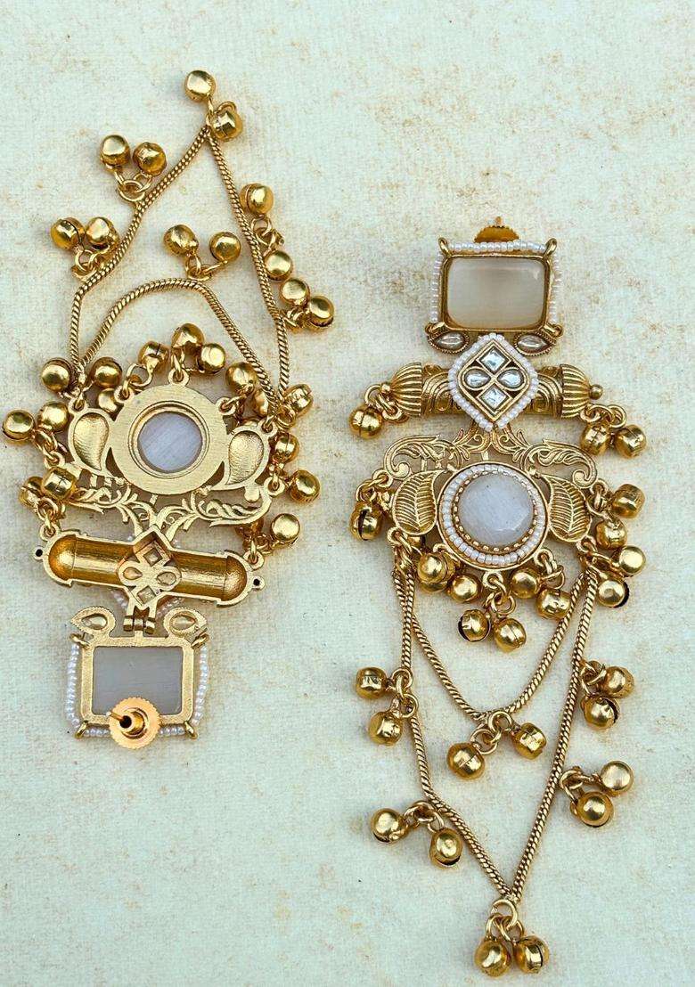 Gold-Plated Ghungaroo White Kundan Stone Studded Kashmiri Drop Earrings for Women | Traditional Ethnic Jewellery for Wedding & Festive Wear | Gift for Her - Indya