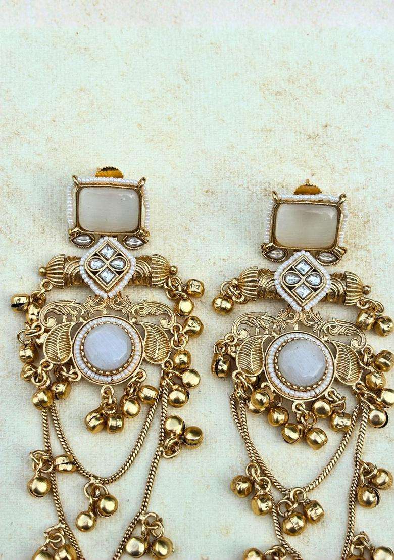 Gold-Plated Ghungaroo White Kundan Stone Studded Kashmiri Drop Earrings for Women | Traditional Ethnic Jewellery for Wedding & Festive Wear | Gift for Her - Indya