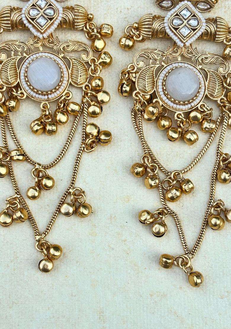 Gold-Plated Ghungaroo White Kundan Stone Studded Kashmiri Drop Earrings for Women | Traditional Ethnic Jewellery for Wedding & Festive Wear | Gift for Her - Indya