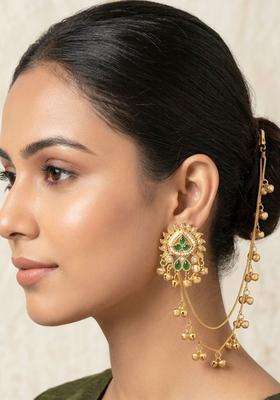 Gold-Plated Green Kundan & Zirconia Kan Chain Jhumka Drop Earrings for Women | Traditional Ethnic Jewellery for Wedding & Festive Wear | Gift for Her