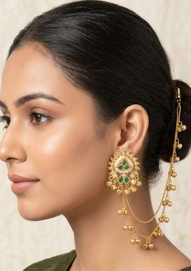 Gold-Plated Green Kundan & Zirconia Kan Chain Jhumka Drop Earrings for Women | Traditional Ethnic Jewellery for Wedding & Festive Wear | Gift for Her - Indya