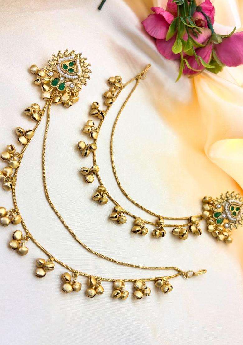 Gold-Plated Green Kundan & Zirconia Kan Chain Jhumka Drop Earrings for Women | Traditional Ethnic Jewellery for Wedding & Festive Wear | Gift for Her - Indya
