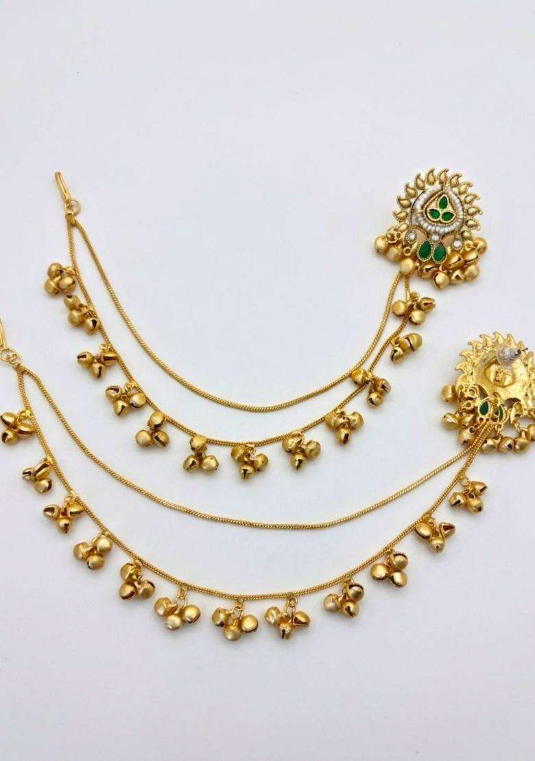 Gold-Plated Green Kundan & Zirconia Kan Chain Jhumka Drop Earrings for Women | Traditional Ethnic Jewellery for Wedding & Festive Wear | Gift for Her - Indya