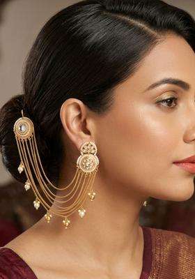 Gold-Plated Kundan & White Stone Ear Chain Earrings for Women | Traditional Ethnic Jewellery for Wedding & Festive Wear | Gift for Her