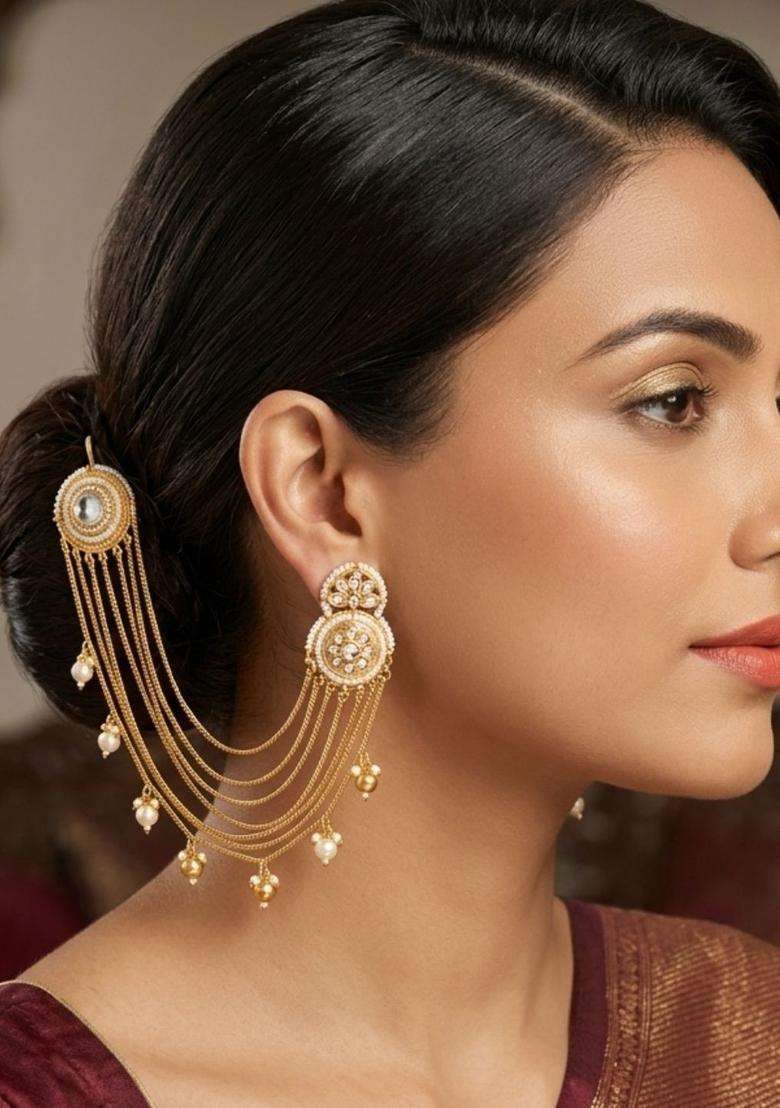 Gold-Plated Kundan & White Stone Ear Chain Earrings for Women | Traditional Ethnic Jewellery for Wedding & Festive Wear | Gift for Her - Indya