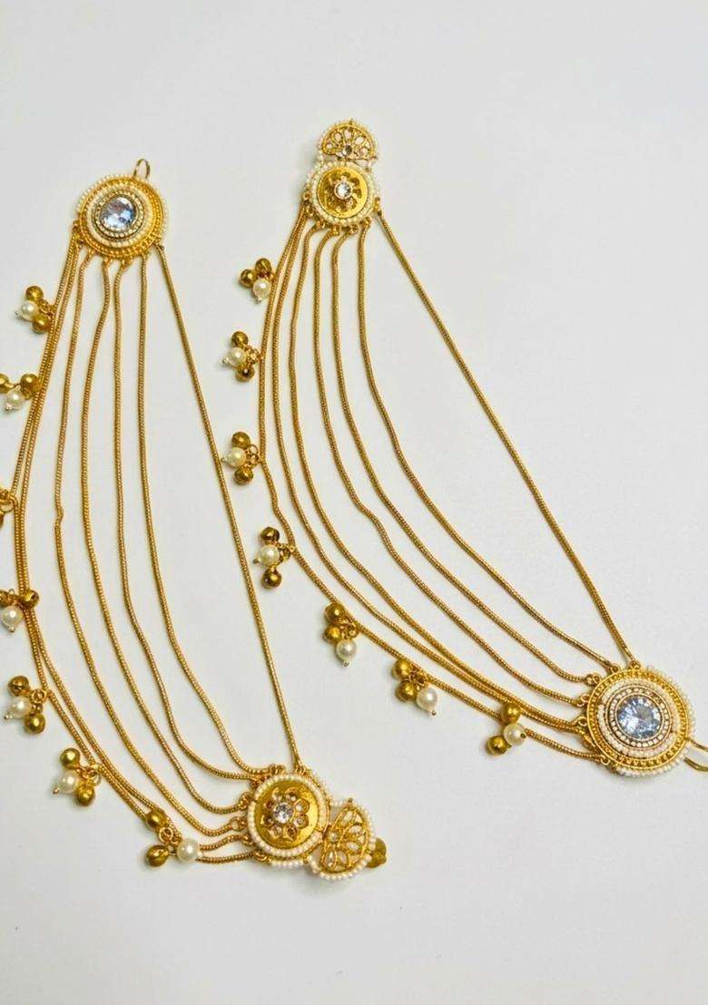 Gold-Plated Kundan & White Stone Ear Chain Earrings for Women | Traditional Ethnic Jewellery for Wedding & Festive Wear | Gift for Her - Indya
