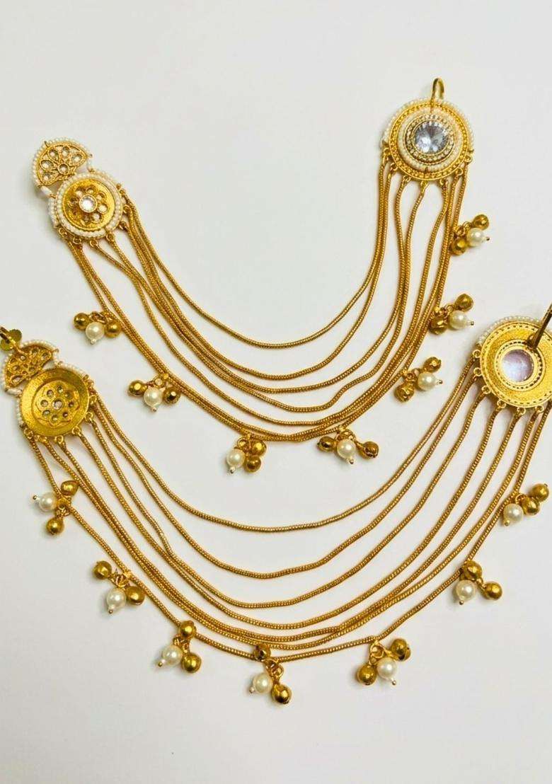 Gold-Plated Kundan & White Stone Ear Chain Earrings for Women | Traditional Ethnic Jewellery for Wedding & Festive Wear | Gift for Her - Indya