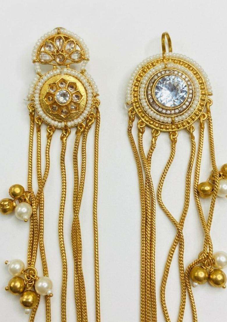 Gold-Plated Kundan & White Stone Ear Chain Earrings for Women | Traditional Ethnic Jewellery for Wedding & Festive Wear | Gift for Her - Indya