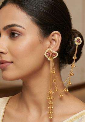 Gold-Plated Pink Kundan Studded Kaanchain Drop Earrings for Women | Traditional Ethnic Jewellery for Wedding & Festive Wear | Gift for Her