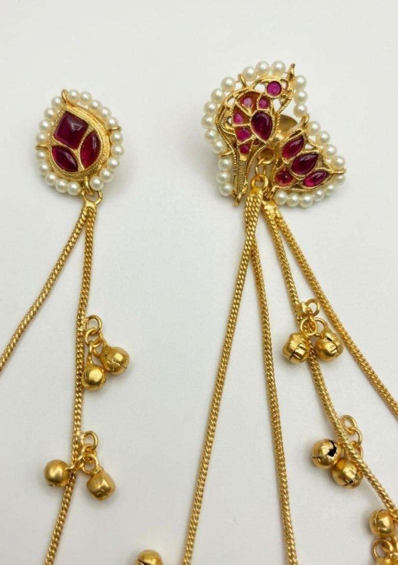 Gold-Plated Pink Kundan Studded Kaanchain Drop Earrings for Women | Traditional Ethnic Jewellery for Wedding & Festive Wear | Gift for Her - Indya