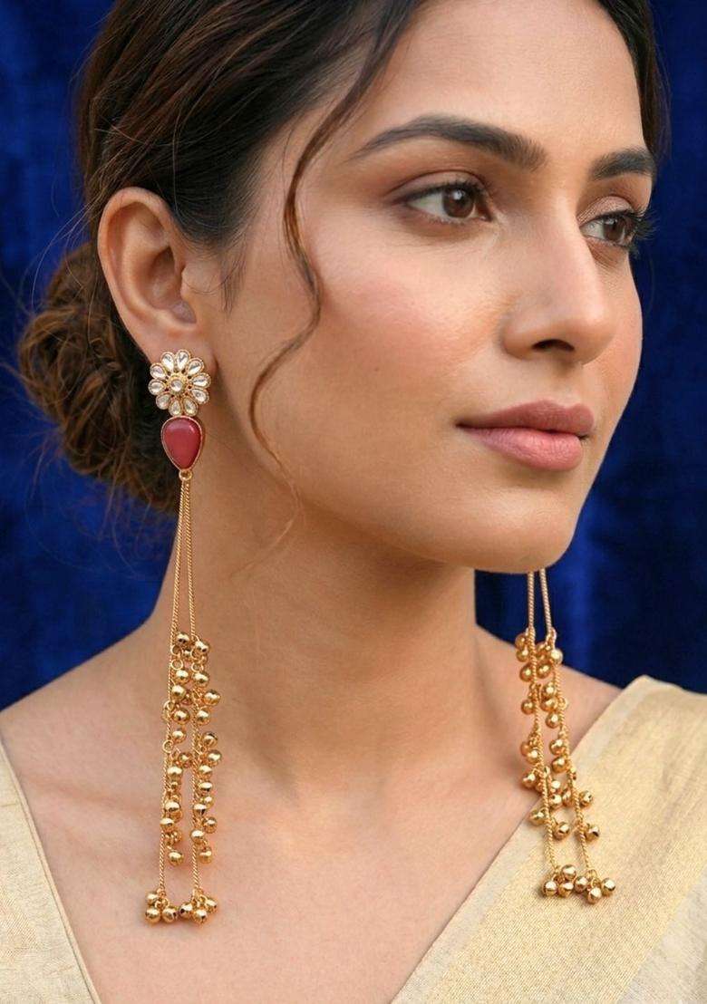 Gold-Plated Red Stone Studded Kashmiri Drop Earrings for Women | Traditional Ethnic Jewellery for Wedding & Festive Wear | Gift for Her - Indya