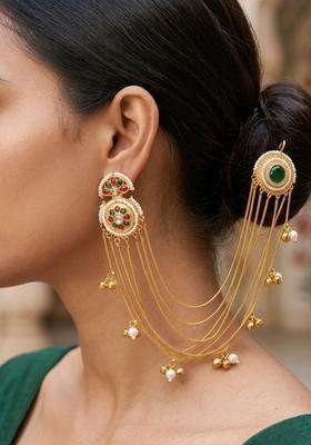 Gold-Plated Kundan Studded Green & Pink Color Ear Chain Earrings for Women | Traditional Ethnic Jewellery for Wedding & Festive Wear | Gift for Her