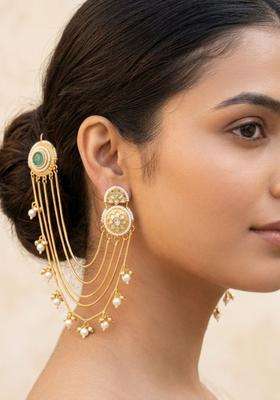 Gold-Plated Kundan Studded Mint Color Ear Chain Earrings for Women | Traditional Ethnic Jewellery for Wedding & Festive Wear | Gift for Her