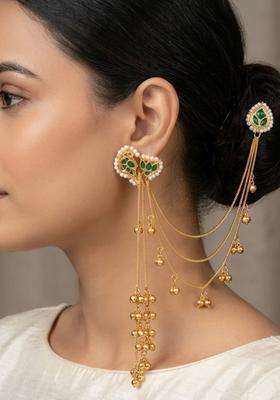 Gold-Plated Green Kundan Studded Kaanchain Drop Earrings for Women | Traditional Ethnic Jewellery for Wedding & Festive Wear | Gift for Her