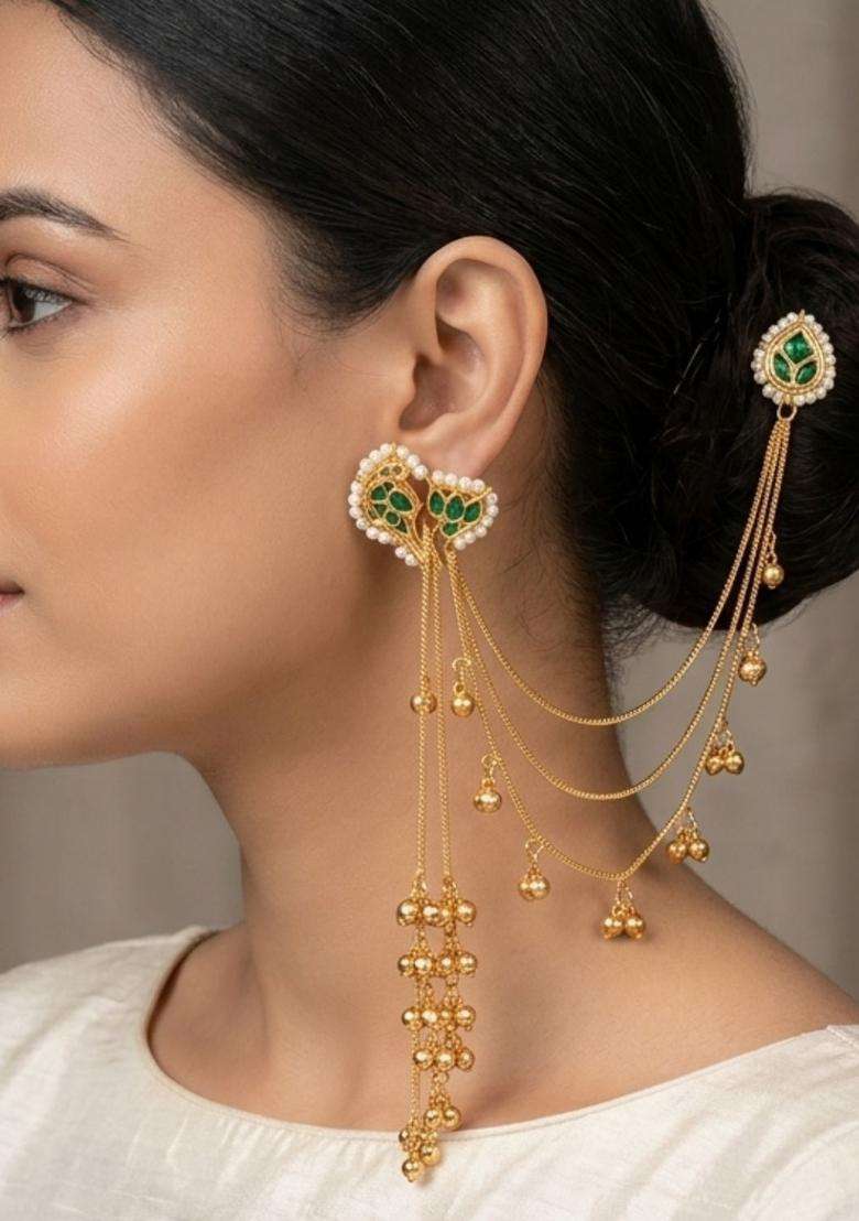 Gold-Plated Green Kundan Studded Kaanchain Drop Earrings for Women | Traditional Ethnic Jewellery for Wedding & Festive Wear | Gift for Her - Indya