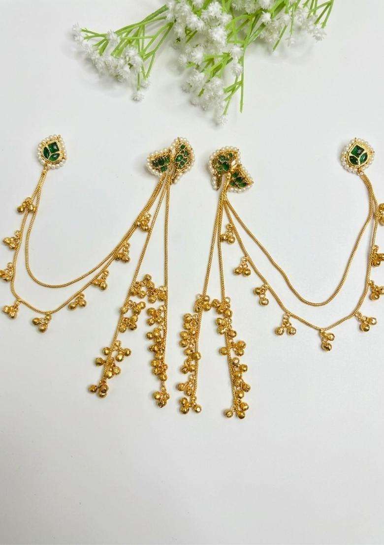 Gold-Plated Green Kundan Studded Kaanchain Drop Earrings for Women | Traditional Ethnic Jewellery for Wedding & Festive Wear | Gift for Her - Indya