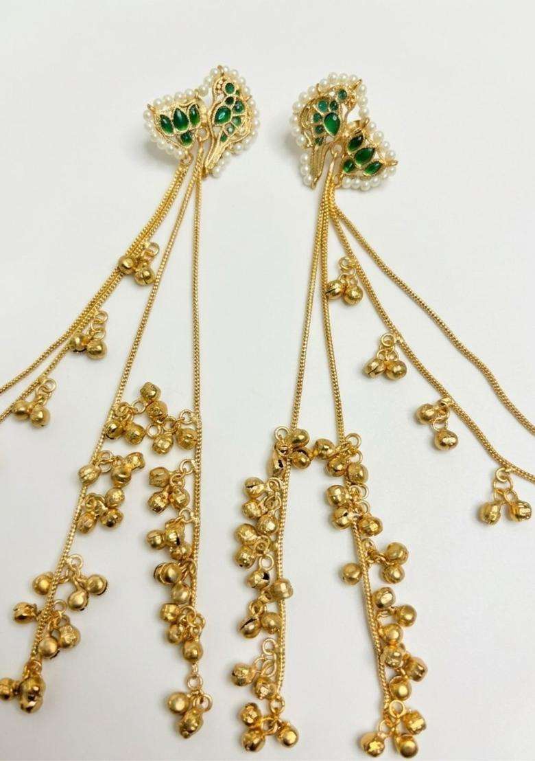 Gold-Plated Green Kundan Studded Kaanchain Drop Earrings for Women | Traditional Ethnic Jewellery for Wedding & Festive Wear | Gift for Her - Indya