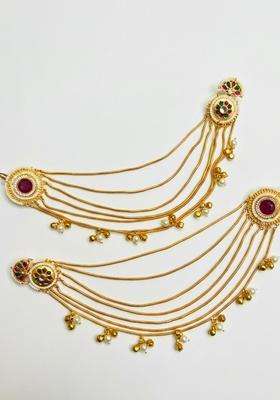 Gold-Plated Kundan Studded Pink & Green-Color Stone Ear Chain Earrings for Women | Traditional Ethnic Jewellery for Wedding & Festive Wear | Gift for Her