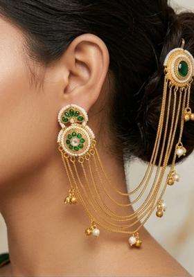 Gold-Plated Kundan & Green Stone Ear Chain Earrings for Women | Traditional Ethnic Jewellery for Wedding & Festive Wear | Gift for Her