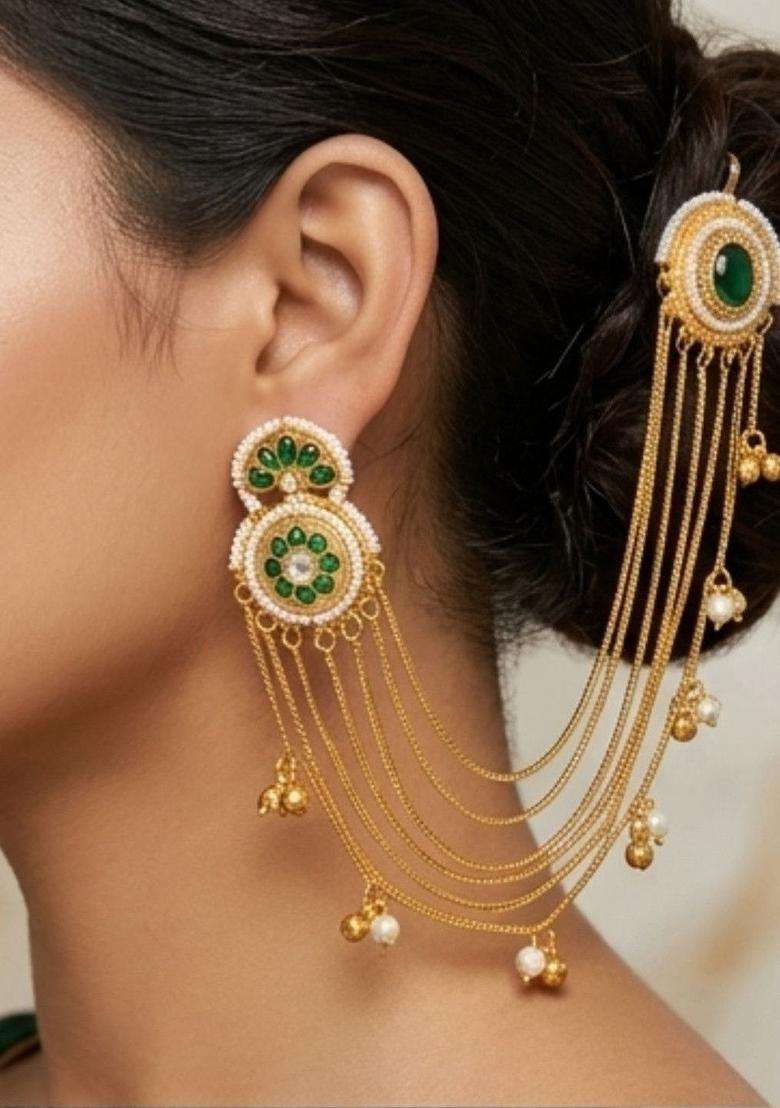 Gold-Plated Kundan & Green Stone Ear Chain Earrings for Women | Traditional Ethnic Jewellery for Wedding & Festive Wear | Gift for Her - Indya