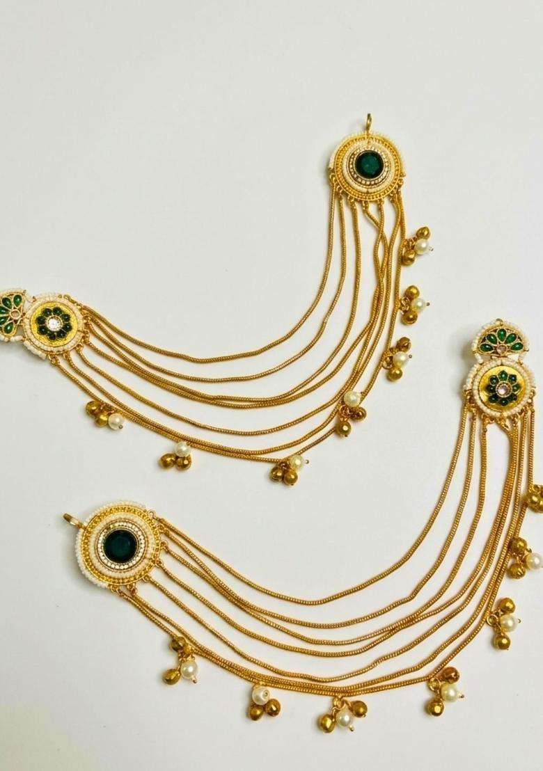 Gold-Plated Kundan & Green Stone Ear Chain Earrings for Women | Traditional Ethnic Jewellery for Wedding & Festive Wear | Gift for Her - Indya
