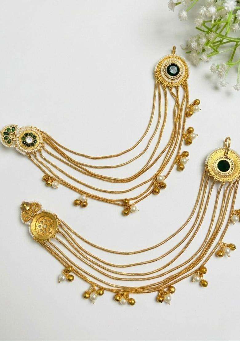 Gold-Plated Kundan & Green Stone Ear Chain Earrings for Women | Traditional Ethnic Jewellery for Wedding & Festive Wear | Gift for Her - Indya