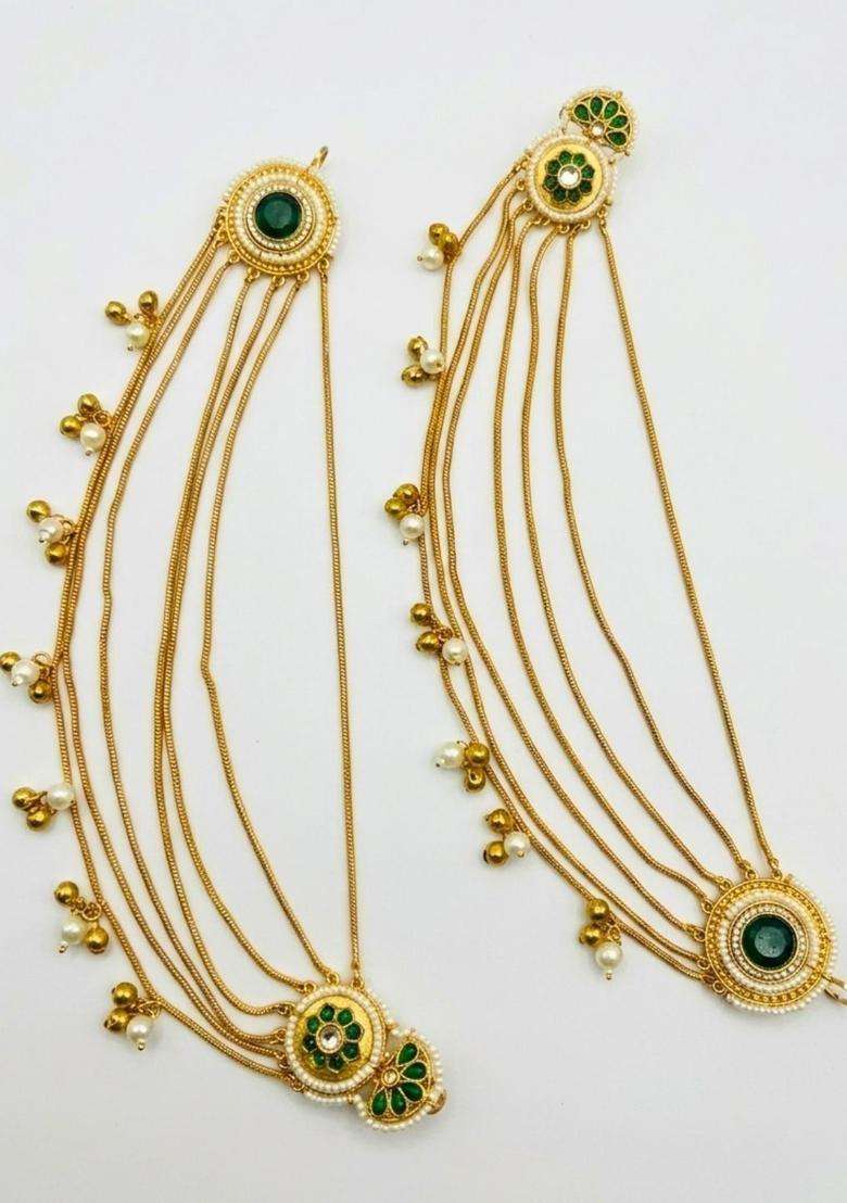 Gold-Plated Kundan & Green Stone Ear Chain Earrings for Women | Traditional Ethnic Jewellery for Wedding & Festive Wear | Gift for Her - Indya