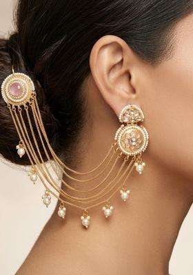 Gold-Plated Kundan Studded Peach Stone Ear Chain Earrings for Women | Traditional Ethnic Jewellery for Wedding & Festive Wear | Gift for Her