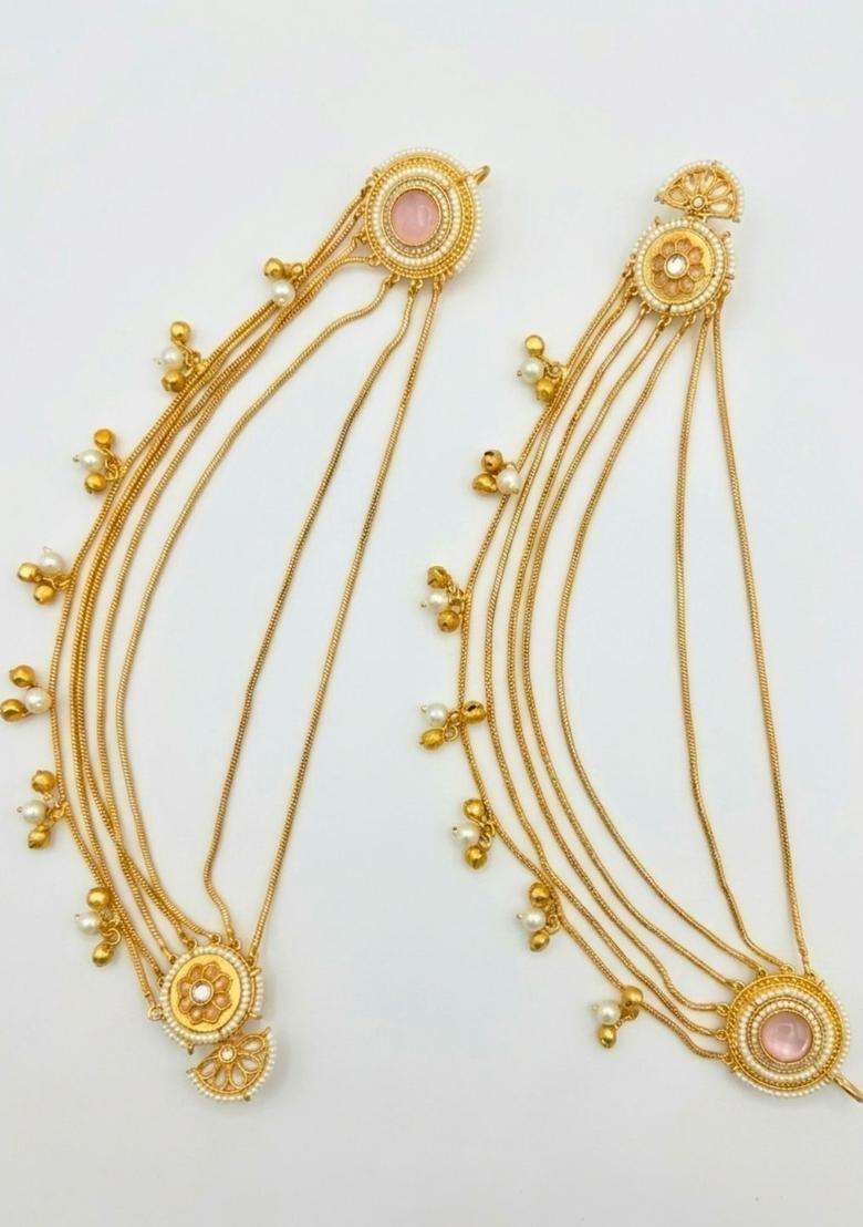 Gold-Plated Kundan Studded Peach Stone Ear Chain Earrings for Women | Traditional Ethnic Jewellery for Wedding & Festive Wear | Gift for Her - Indya