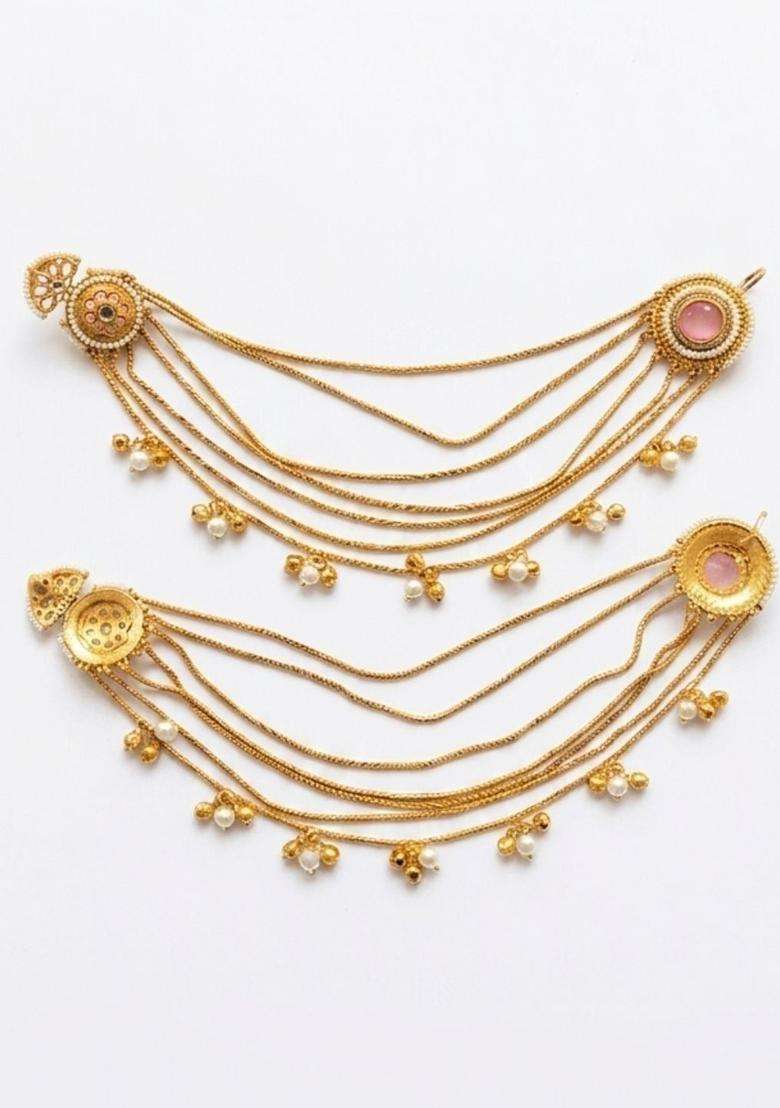 Gold-Plated Kundan Studded Peach Stone Ear Chain Earrings for Women | Traditional Ethnic Jewellery for Wedding & Festive Wear | Gift for Her - Indya