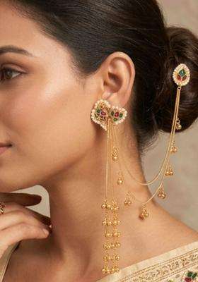 Gold-Plated Green & Pink Kundan Studded Kaanchain Drop Earrings for Women | Traditional Ethnic Jewellery for Wedding & Festive Wear | Gift for Her