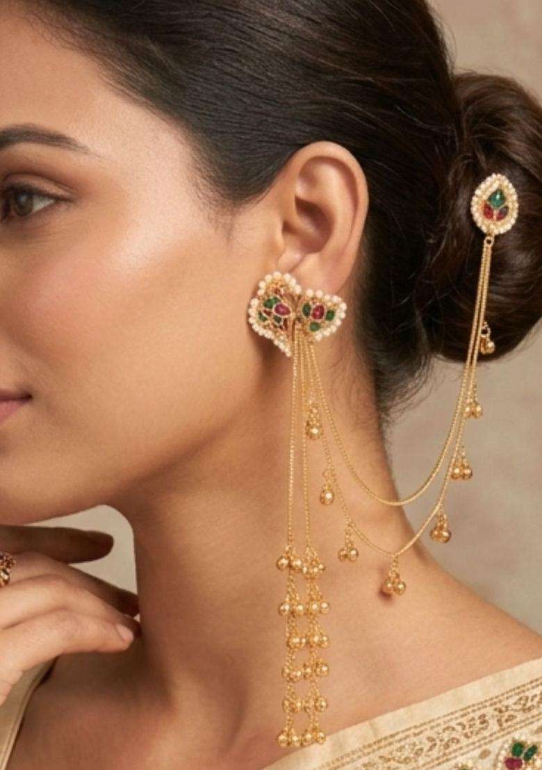 Gold-Plated Green & Pink Kundan Studded Kaanchain Drop Earrings for Women | Traditional Ethnic Jewellery for Wedding & Festive Wear | Gift for Her - Indya