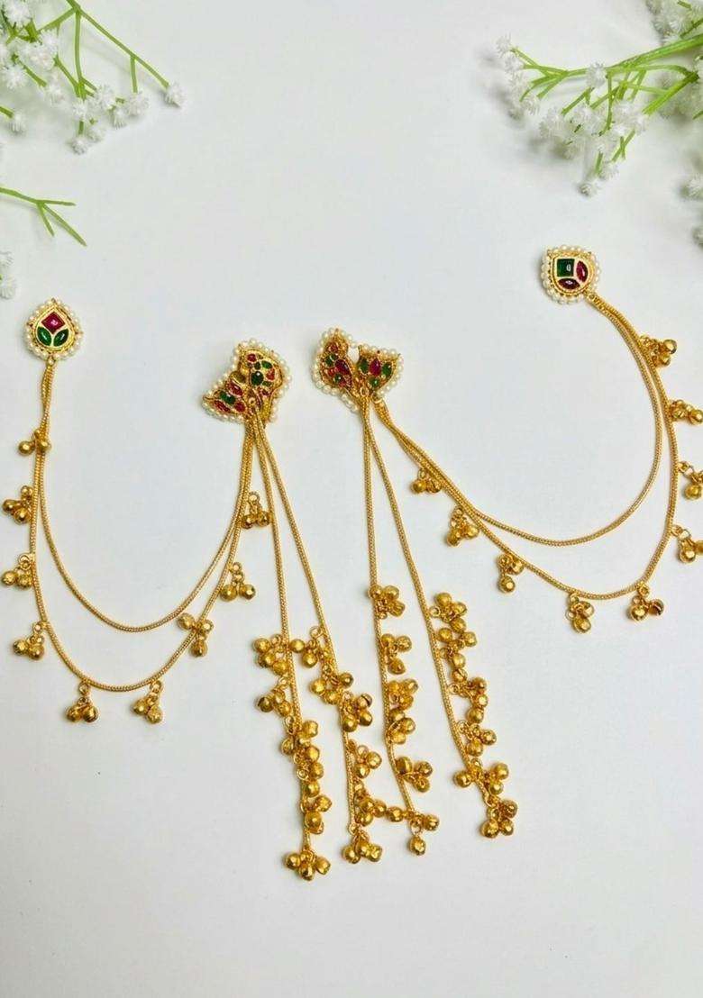 Gold-Plated Green & Pink Kundan Studded Kaanchain Drop Earrings for Women | Traditional Ethnic Jewellery for Wedding & Festive Wear | Gift for Her - Indya