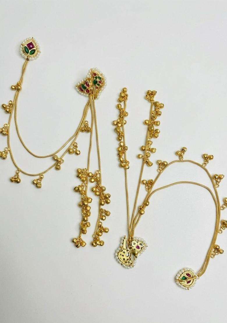 Gold-Plated Green & Pink Kundan Studded Kaanchain Drop Earrings for Women | Traditional Ethnic Jewellery for Wedding & Festive Wear | Gift for Her - Indya