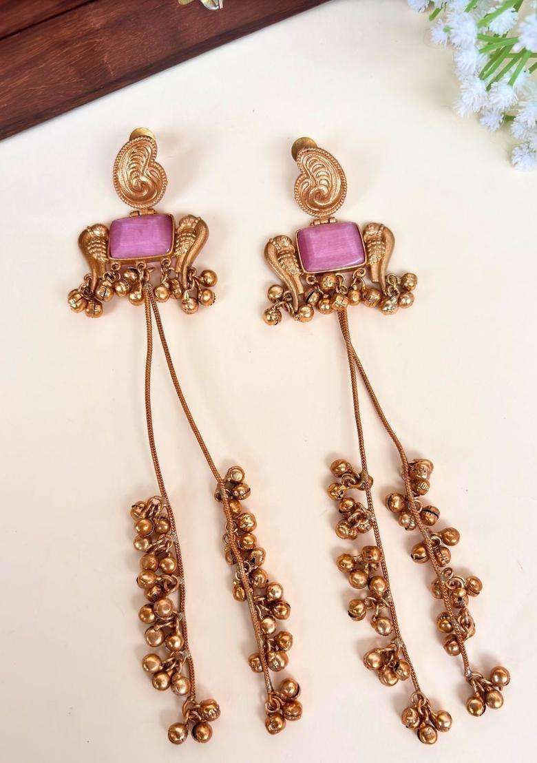 Gold-Plated Contemporary Pink Stone Long Chain Kashmiri Drop Earrings for Women | Traditional Ethnic Jewellery for Wedding & Festive Wear | Gift for Her - Indya