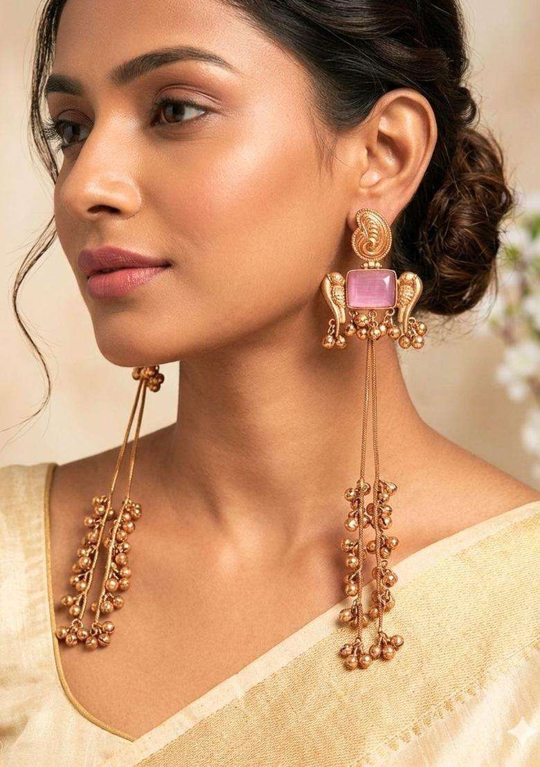 Gold-Plated Contemporary Pink Stone Long Chain Kashmiri Drop Earrings for Women | Traditional Ethnic Jewellery for Wedding & Festive Wear | Gift for Her - Indya