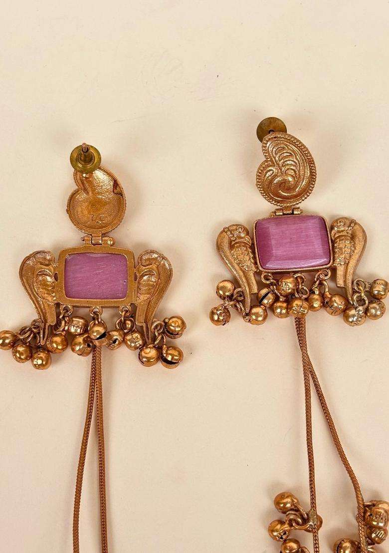 Gold-Plated Contemporary Pink Stone Long Chain Kashmiri Drop Earrings for Women | Traditional Ethnic Jewellery for Wedding & Festive Wear | Gift for Her - Indya